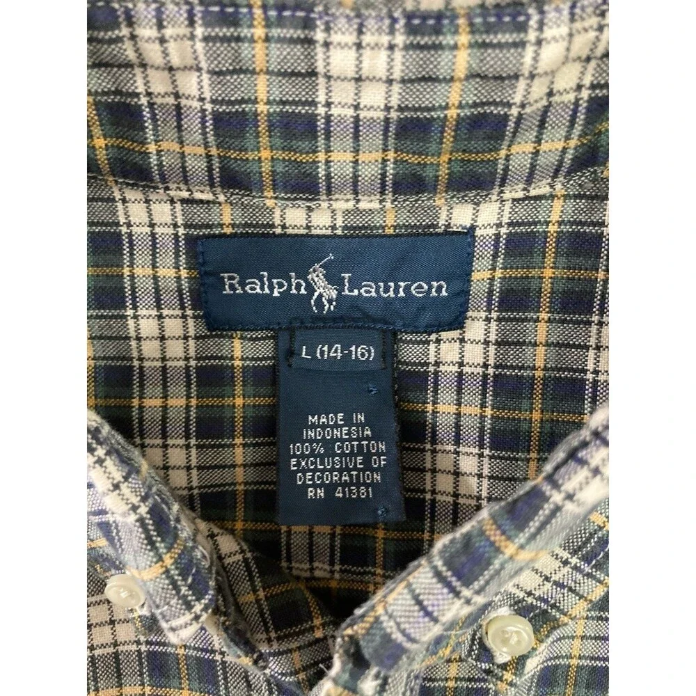 Ralph Lauren Boys L Shirt Green Blue Plaid Button Down Oxford Long Sleeve Prep